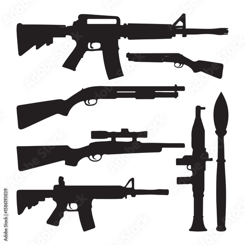 Assault rifle vector illustration with bullets military weapon silhouette