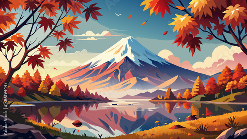 Mount Fuji, Fujinomiya, Japan – Majestic snow-capped Mount Fuji rises behind serene Lake Tanuki. Autumn leaves frame the reflection, creating an iconic scene ready for detailed vector landscape artwor