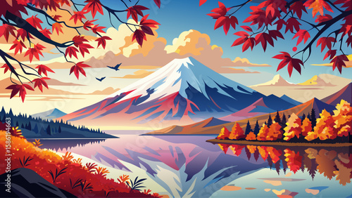 Mount Fuji, Fujinomiya, Japan – Majestic snow-capped Mount Fuji rises behind serene Lake Tanuki. Autumn leaves frame the reflection, creating an iconic scene ready for detailed vector landscape artwor