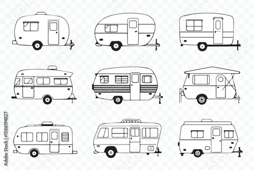 vintage travel trailer vector collection with black and white retro campers for graphic design and outdoor themes