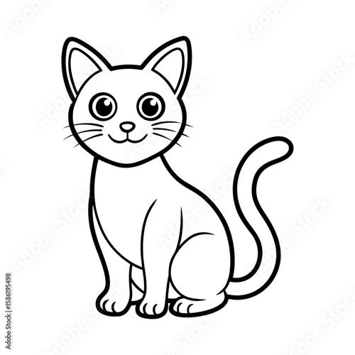 Charming Cartoon Cat Sitting with Friendly Smile - Minimalist Black and White Vector Illustration for Easy Integration