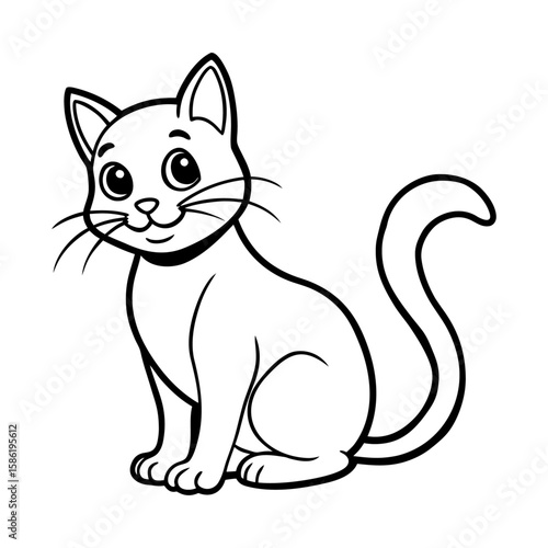 Content Cartoon Cat Sitting with Gentle Smile and Perky Ears - Minimalist Black and White Vector Art for Everyday Pet Themes