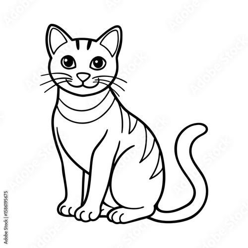 Elegant Striped Cat Sitting Gracefully with Expressive Eyes - Professional Black and White Vector Graphic for Animal-Related Branding