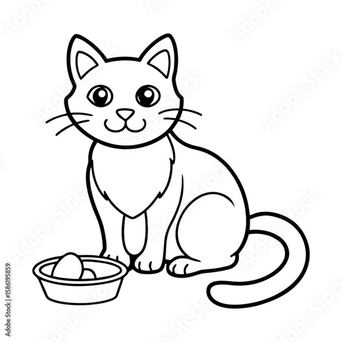 Innocent Cartoon Cat Sitting with Treat Bowl - Expressive Black and White Vector Design for Veterinary and Adoption Campaigns