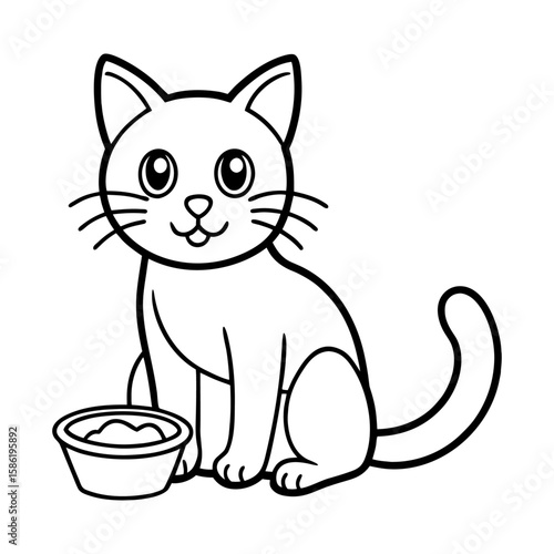 Adorable Cartoon Cat Sitting Patiently with Food Bowl - Sweet Black and White Vector Illustration for Child-Friendly Content