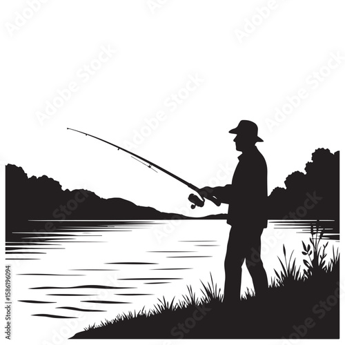 Here's a suitable sentence:

A fisherman casts his rod into the calm water, silhouetted against a vibrant sunset sky during a peaceful summer leisure activity
