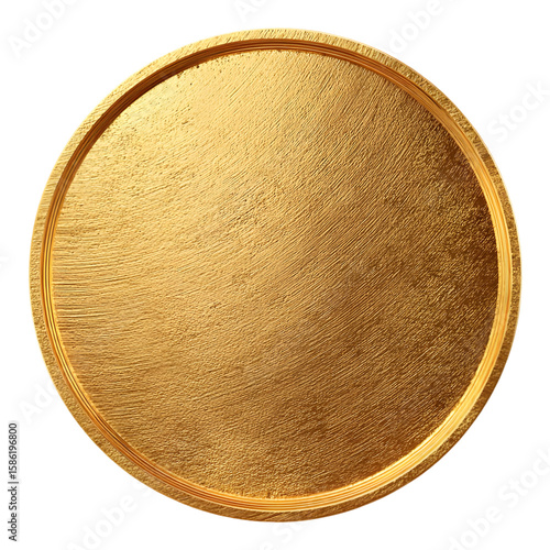 Blank solid gold coin, top down view on a white background