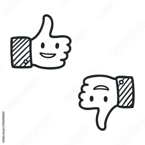 Hand-drawn like and dislike emoji with smiling and frowning faces. Hand drawn vector illustration