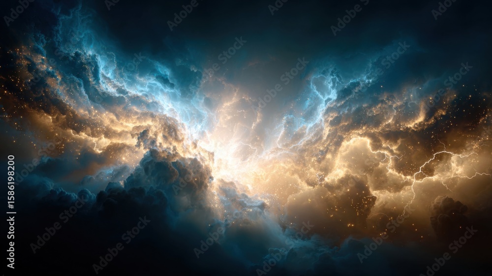 Fototapeta premium Dramatic storm cloudscape with luminous light rays piercing through dark clouds and vibrant weather atmosphere.