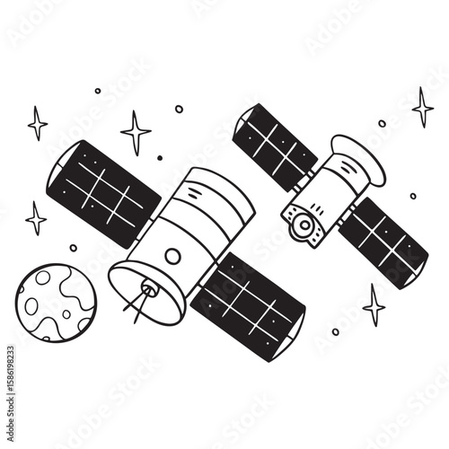 Here's one sentence describing the image:

Mobile phone illustrations with satellite icons symbolizing business communication technology