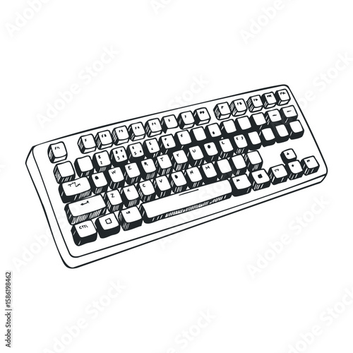 Black and white computer keyboard sketch with cyrillic and latin keys. Hand drawn vector illustration