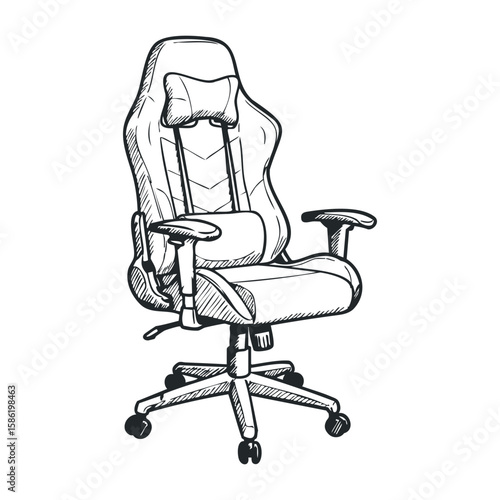 Ergonomic gaming chair sketch in black and white with adjustable features. Hand drawn vector illustration