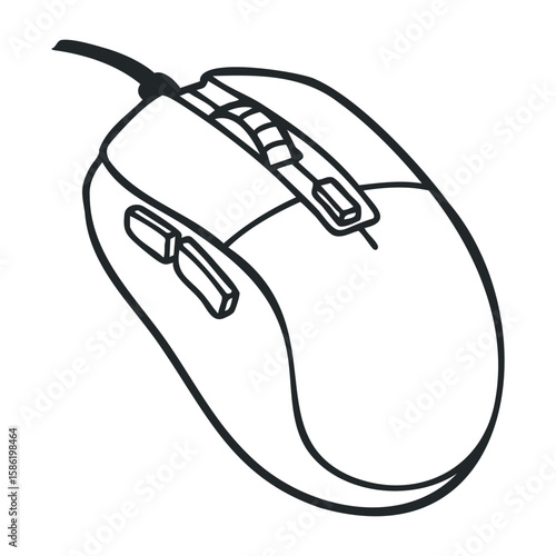 Black and white gaming mouse outline with wired connection and multiple buttons. Hand drawn vector illustration