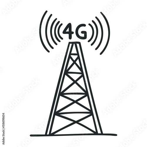 Hand-drawn 4g antenna tower with signal waves. Hand drawn vector illustration