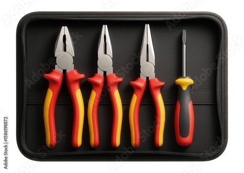 Electrician?s tool set with insulated handles in a zippered canvas case for electrical installations.