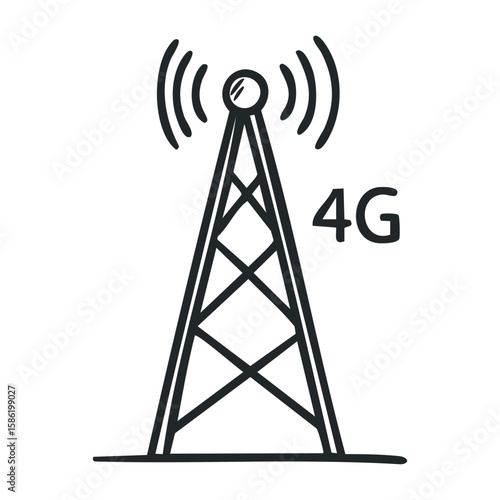 4g network tower icon with signal waves and text illustration. Hand drawn vector illustration