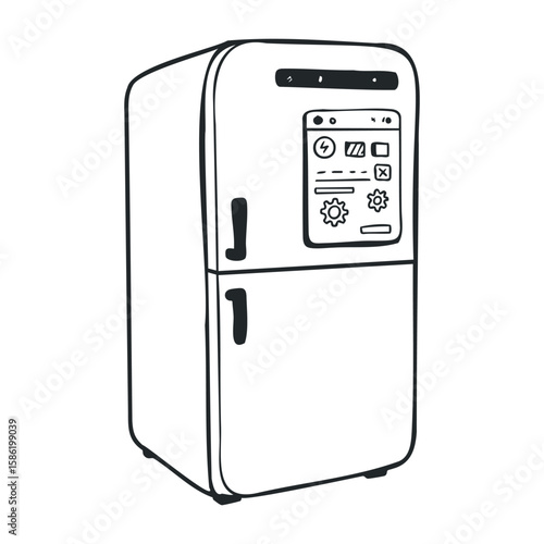 Smart refrigerator with digital display panel and controls. Hand drawn vector illustration