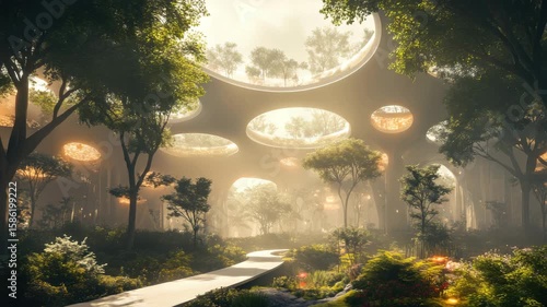 Serene pathway through futuristic forest with sunlit canopy domes video