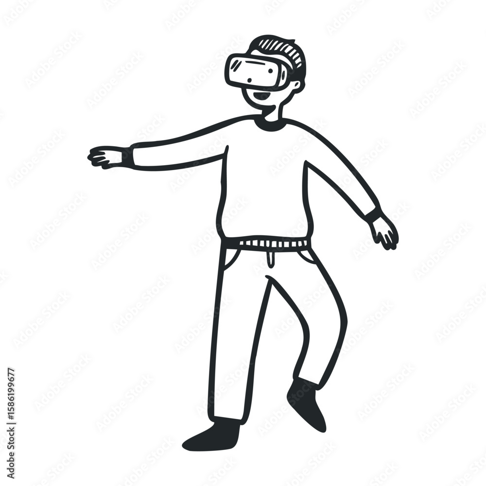 Young caucasian male teen experiencing virtual reality with headset. Hand drawn vector illustration Young caucasian male teen experiencing virtual reality with headset. Hand drawn vector illustration