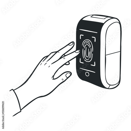 Hand scanning fingerprint reader for secure biometric access control. Hand drawn vector illustration