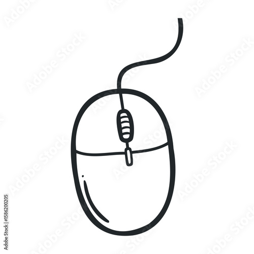 Black and white computer mouse with wired connection on white background. Hand drawn vector illustration