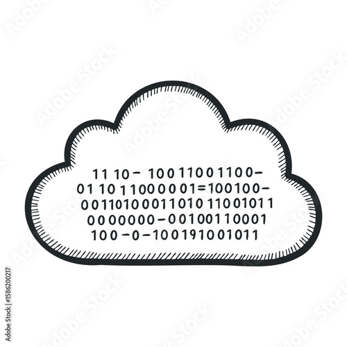 Cloud icon with binary code representing data and digital connectivity. Hand drawn vector illustration
