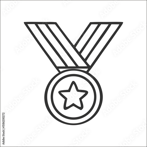 Minimal outline vector icon of a medal featuring a central star and ribbon.