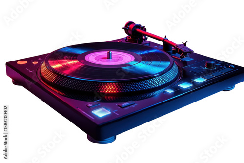 A sleek DJ turntable glows with retro vibes spinning music in a neon lit atmosphere with on transparent background