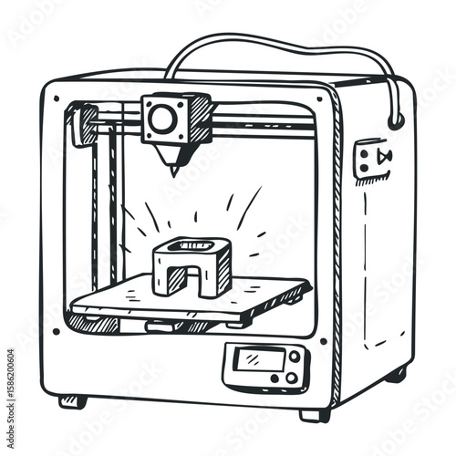 Black and white sketch of a 3d printer creating a block object on a build platform. Hand drawn vector illustration
