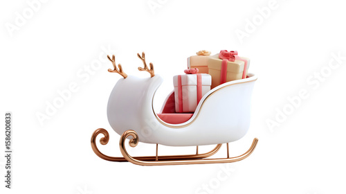 A cute 3D white Santa sleigh toy, with gift boxes inside