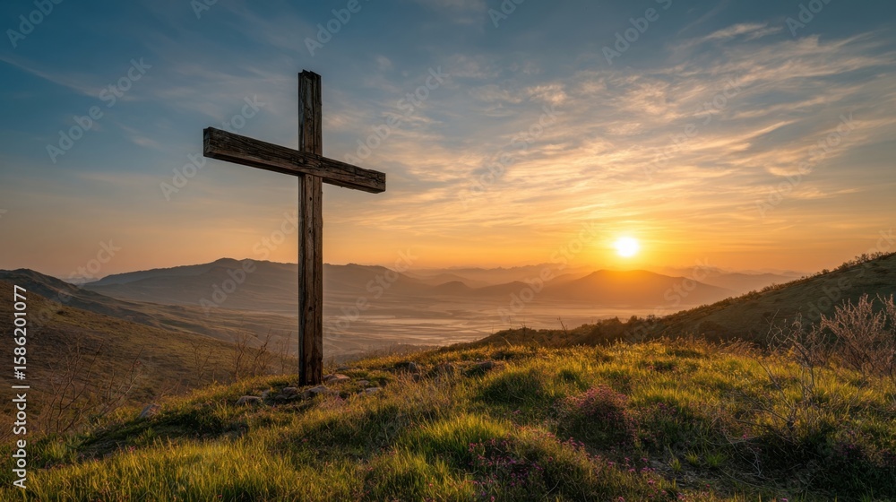 Scenic sunrise over mountain landscape with wooden cross on grassy hilltop. Scenic sunrise over mountain landscape with wooden cross on grassy hilltop.