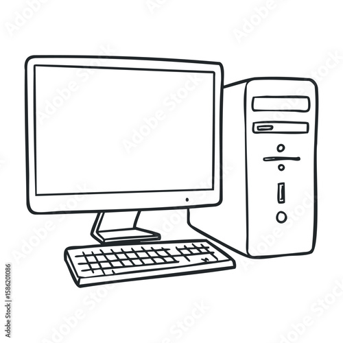 Desktop computer setup with monitor, keyboard, and tower outline drawing. Hand drawn vector illustration