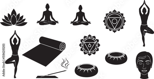 Collection of yoga icons and symbols for meditation and wellness