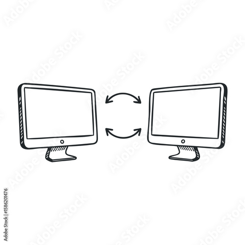 Computer monitor icon black and white sketch with arrows indicating data exchange. Hand drawn vector illustration