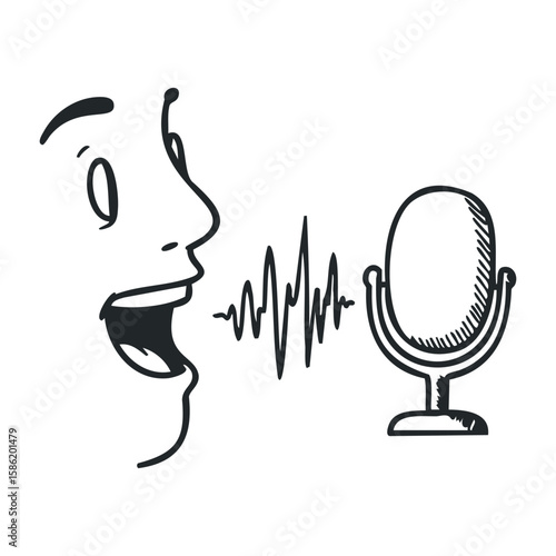 Cartoon voice projection with microphone and sound waves. Hand drawn vector illustration