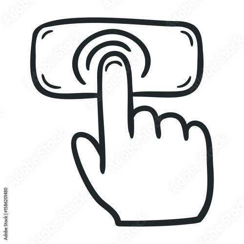 Hand pressing button sketch with finger on touch interface. Hand drawn vector illustration