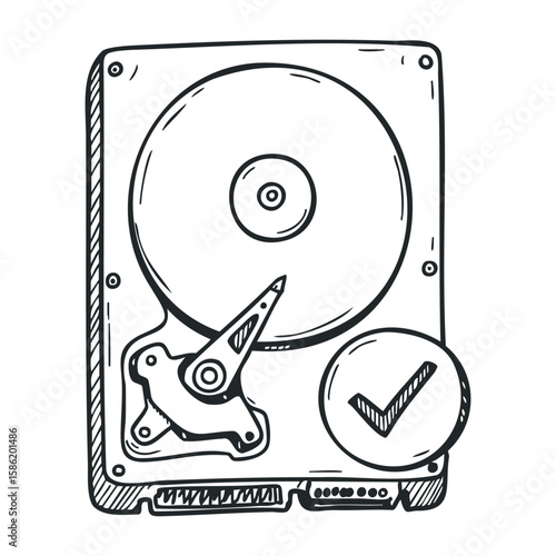 Monochrome hard disk drive sketch with checkmark icon. Hand drawn vector illustration