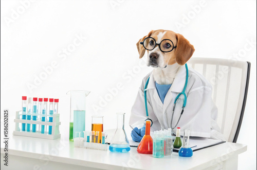 scientist working in laboratory. dog in chemical laboratory