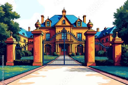 Luxury mansion illustration, elegant architecture, vibrant colors, entrance gate, copy space