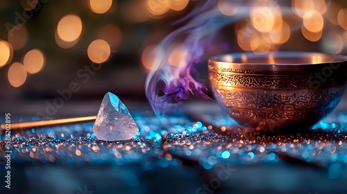 Mystical copper singing bowl with purple smoke and clear quartz crystal on dark surface with blue sparkles and golden bokeh lights in background.