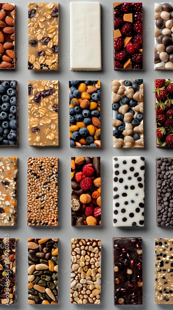 Fototapeta Artisanal chocolate bars with various toppings including fresh berries, nuts, and dried fruits arranged in neat rows on gray background. Perfect for food marketing.
