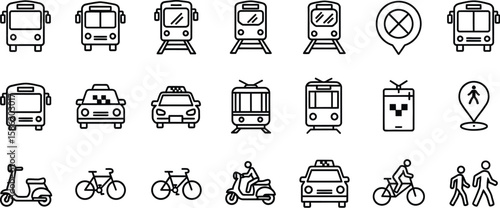 Vector art of a collection of line art icons showcases various modes of transportation, including buses, trains, taxis, and bicycles, representing urban mobility and public transit systems