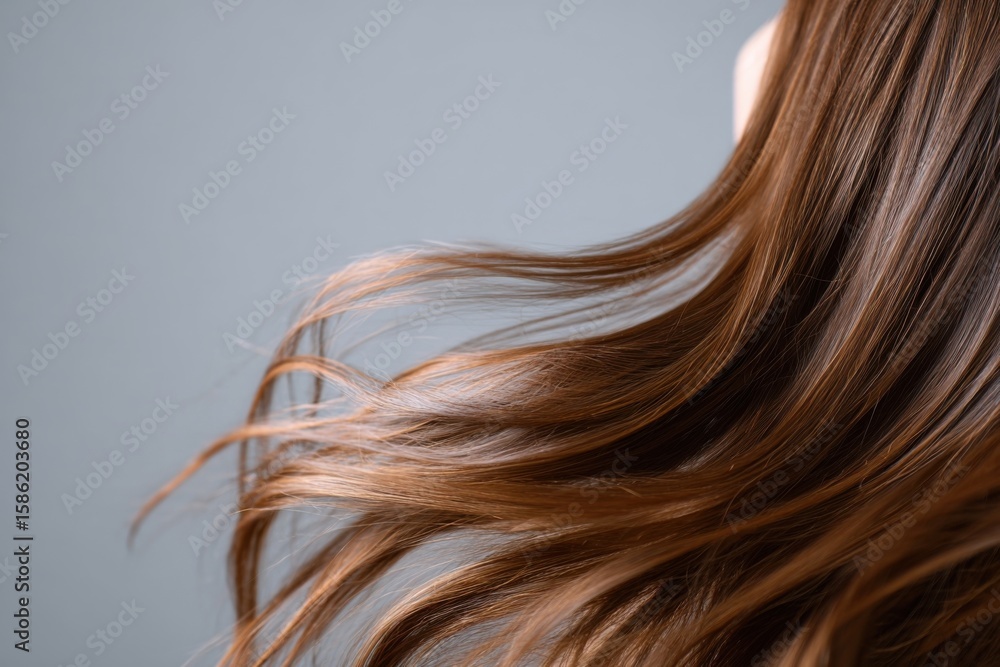 Naklejka premium Close-up of flowing chestnut brown hair with soft waves and silky texture.