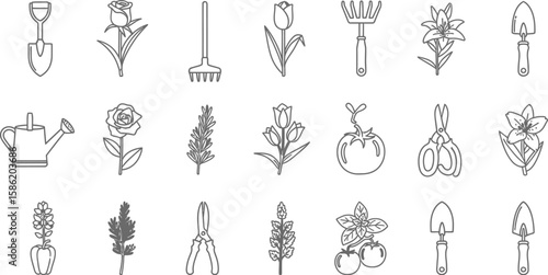 Vector art of a collection of gardening icons isolated on white background showcases various tools and plants, including shovels, roses, tulips, and watering cans
