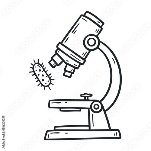 Hand-drawn microscope and bacterium sketch in black and white science illustration. Hand drawn vector illustration