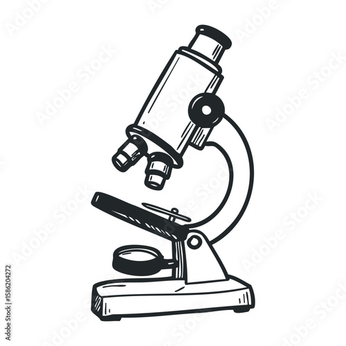 Vintage scientific microscope sketch with detailed components. Hand drawn vector illustration