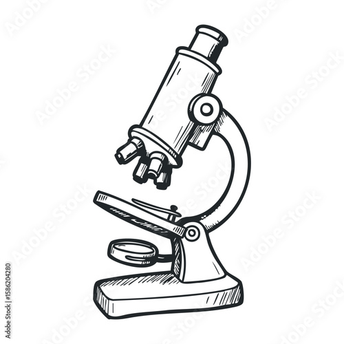Scientific microscope sketch with detailed lens and control knobs. Hand drawn vector illustration