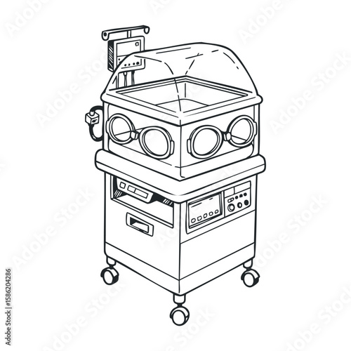 Hospital neonatal incubator equipment with control panel and wheels for infant care. Hand drawn vector illustration