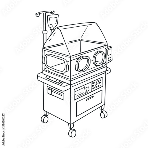 Neonatal hospital incubator with iv stand and control panel. Hand drawn vector illustration