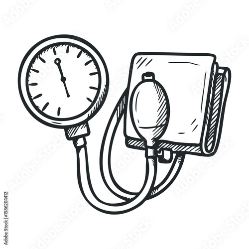 Hand-drawn sphygmomanometer sketch with pressure gauge and inflatable cuff. Hand drawn vector illustration